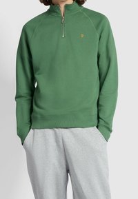 Grüner Pullover mit halbem Reißverschluss am Kragen, Raglanärmeln und einem dezenten goldenen Logo. Der Stoff wirkt glatt, mit einer lockeren Passform und einem gerippten Saum.