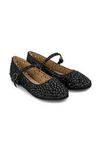 Ballerines noires en matériau perforé, avec une bande sur le cou-de-pied et un bout arrondi agrémenté de découpes décoratives.