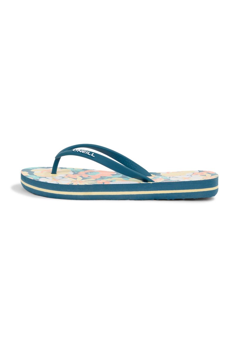 Teal flip-flop dengan pola floral pada alas kaki, dilengkapi dengan sol karet yang tekstur dan tali tipis dengan merek "ONEILL".