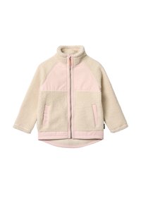 Giacca in pile beige con dettagli in tessuto rosa pallido, zip frontale, due tasche laterali e colletto alto, adatta per il freddo.