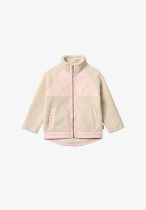 Beige fleecejacka med ljusrosa tygdetaljer, framdragkedja, två sidofickor och hög krage, lämplig för kallt väder.