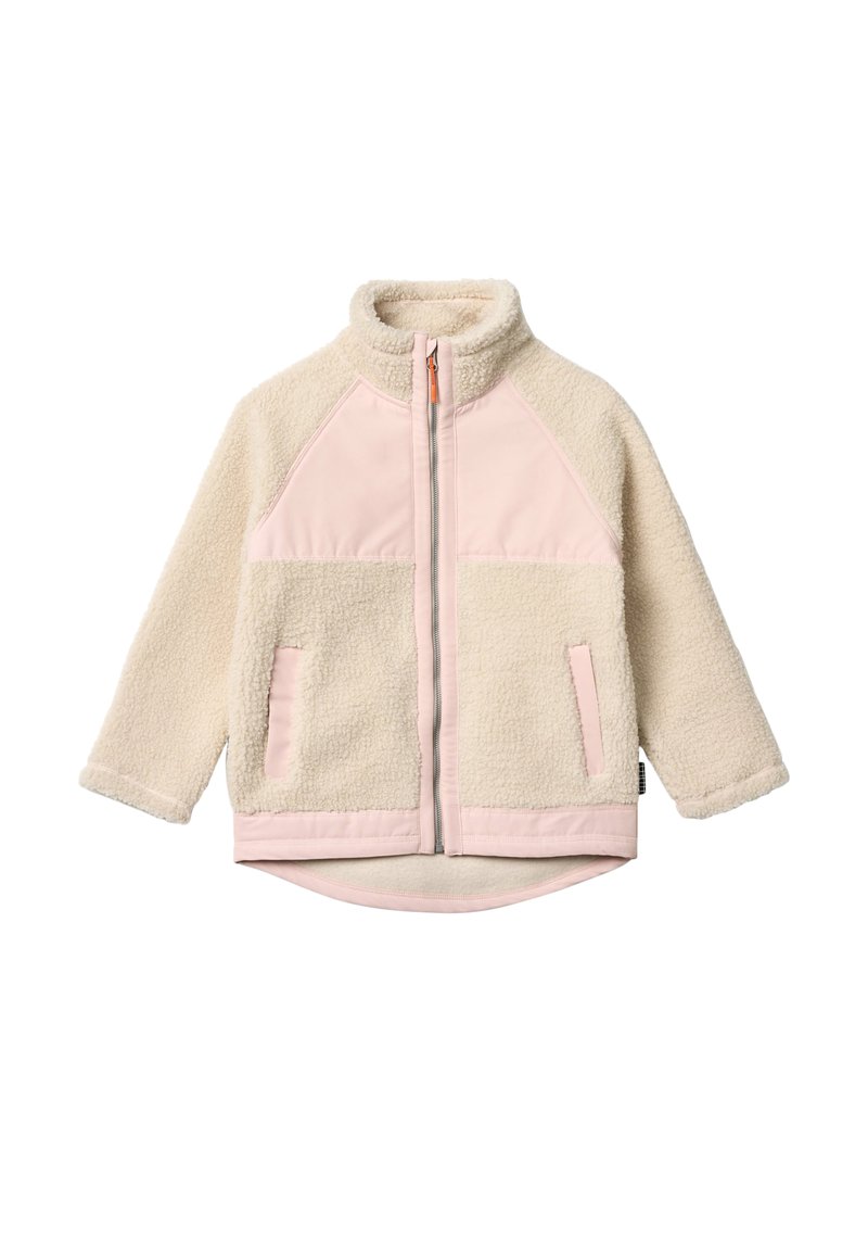 Giacca in pile beige con dettagli in tessuto rosa pallido, zip frontale, due tasche laterali e colletto alto, adatta per il freddo.