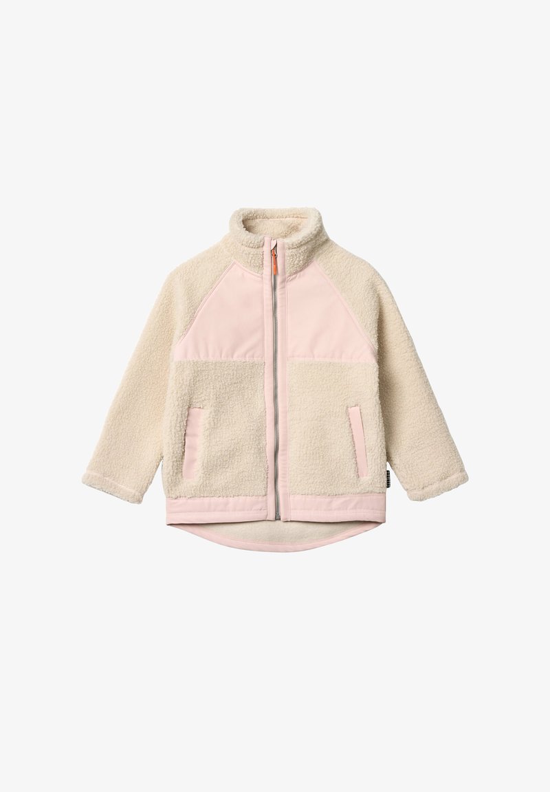 Giacca in pile beige con dettagli in tessuto rosa pallido, zip frontale, due tasche laterali e colletto alto, adatta per il freddo.