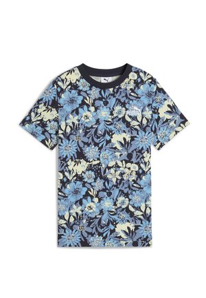 Blommönstrad t-shirt med kort ärm som har blå och gula blommor på en mörknavy bakgrund. Inkluderar rund halsringning och logotypdetalj.