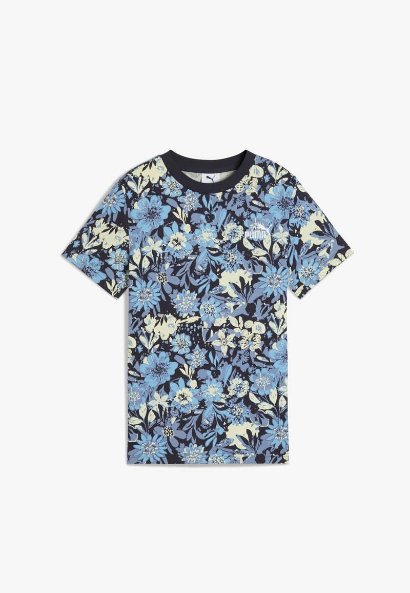 Gėlėmis dekoruota trumpa rankovė marškinėliai, ant tamsiai mėlynos fono su mėlynomis ir geltonomis gėlėmis. Su apvaliu iškirpimu ir logotipo detale.