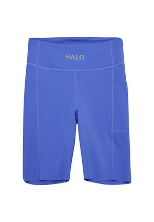 Niebieskie sportowe szorty z wysokim stanem, boczną kieszenią i logo "HALO" na pasku, zaprojektowane do aktywnego noszenia.
