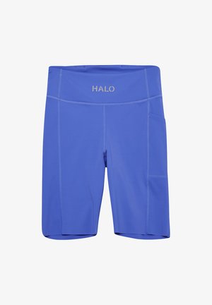 Niebieskie sportowe szorty z wysokim stanem, boczną kieszenią i logo "HALO" na pasku, zaprojektowane do aktywnego noszenia.
