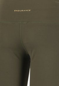 Vihreät legginsit, jotka on valmistettu joustavasta kankaasta, jossa on sileä pinta, tasosaumat ja kultainen "ENDURANCE" -teksti vyötärön kohdalla.