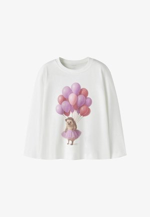 Chemise blanche à manches longues avec une illustration d'un hérisson portant un tutu violet et tenant des ballons roses et violets.