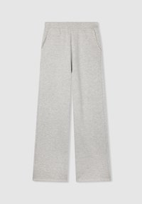 Szare dresowe spodnie o luźnym kroju, z elastycznym paskiem w talii, bocznymi kieszeniami i miękką fakturą. Posiadają melanżowy wzór.