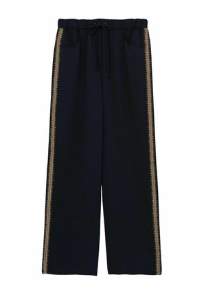 Pantaloni a gamba larga blu navy realizzati in tessuto morbido, dotati di una vita elastica con cordino, tasche laterali e accenti a strisce zigzag dorate.