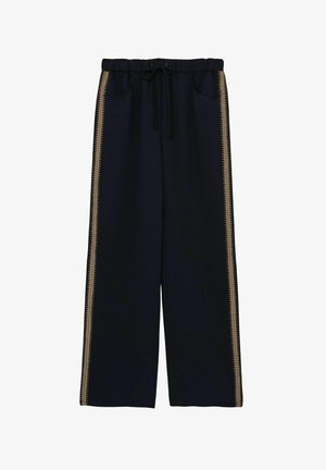 Navy wide-leg pants made of soft fabric, featuring an elastic waistband with drawstring, side pockets, and gold zigzag stripe accents.