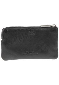 Portefeuille zippé en cuir noir avec surface texturée, logo embossé et protection RFID. Design compact pour plus de commodité.
