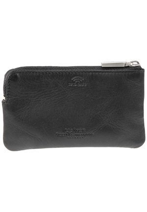 Portefeuille zippé en cuir noir avec surface texturée, logo embossé et protection RFID. Design compact pour plus de commodité.