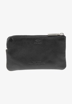 Portefeuille zippé en cuir noir avec surface texturée, logo embossé et protection RFID. Design compact pour plus de commodité.