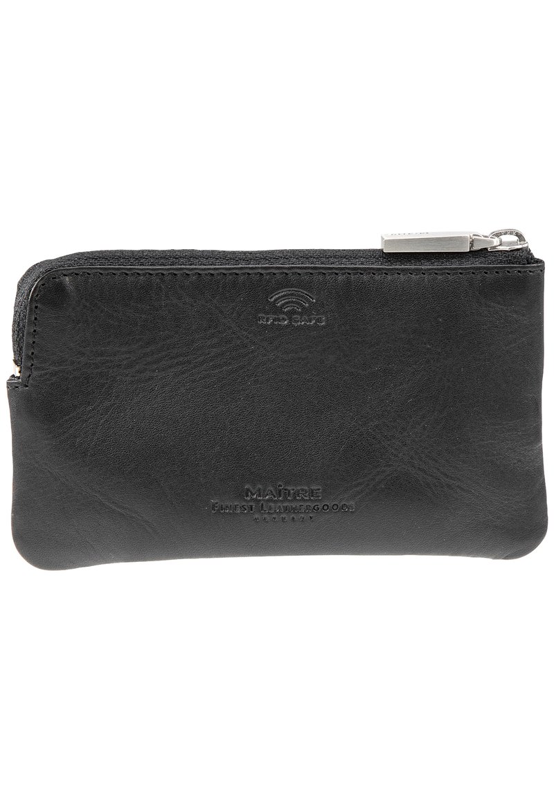 Portefeuille zippé en cuir noir avec surface texturée, logo embossé et protection RFID. Design compact pour plus de commodité.