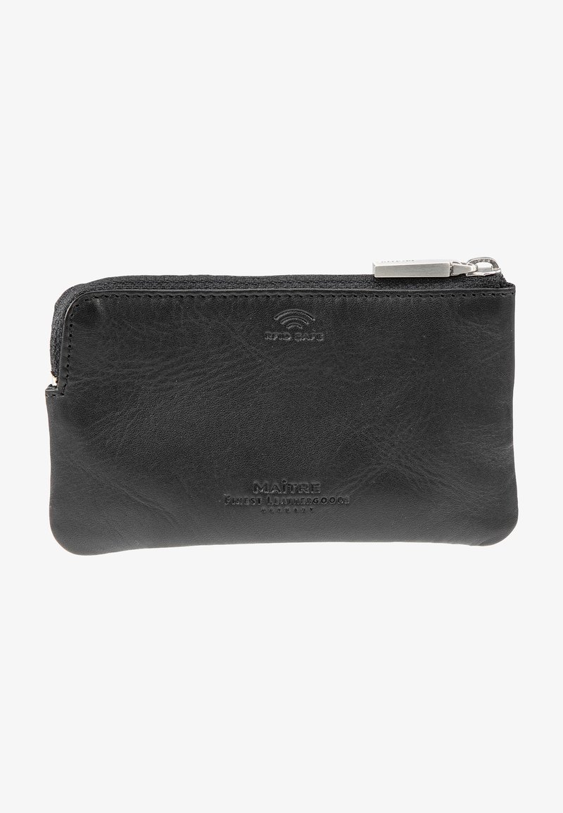 Black leather zippered wallet featuring a textured surface, embossed logo, and RFID protection detail. Compact design for convenience.