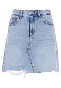 Vaaleansininen farkuhame, jossa on viisi taskua, risat helmat ja hieman kulutetut yksityiskohdat. Varustettu nappi- ja vetoketjusuljennalla.