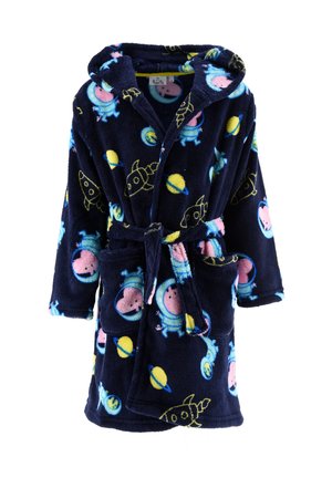 Navy fleece bathrobe with a hood, featuring colorful astronaut and planet patterns. Includes two front pockets and a matching tie belt.