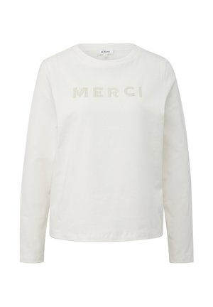 Biała bawełniana koszulka z długim rękawem z napisem "MERCI" w teksturowanych akcentach na wysokości klatki piersiowej, okrągłym dekoltem i luźnym krojem.