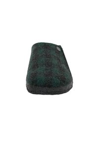 Green and black plaid felt slipper with a soft texture, rounded shape, and a circular logo detail on the upper side.