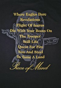 Schwarzes T-Shirt mit gelbem Text, der Songtitel auflistet, und einer Grafik eines Schädels mit Ketten. Das zentrale Design enthält detaillierte Linienführung.