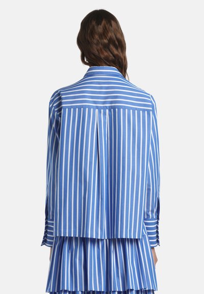Sieviete, tērpusies zilā un baltā vertikāli svītrainā ar garām piedurknēm kreklā un saskaņotā kroku svārkā, skatoties no aizmugures.