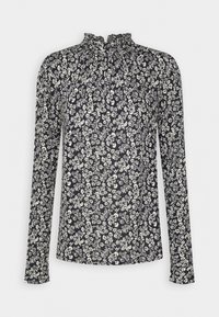Blouse met lange mouwen en een gerimpelde halslijn, met een marineblauwe basis en een wit bloemenpatroon, gemaakt van een lichtgewicht, gestructureerde stof.
