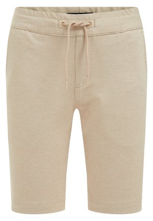 Beige gebreide korte broek met een elastische tailleband en een trekkoordje aan de voorkant, tot halverwege de dij, met een casual stijl.