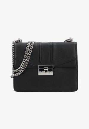 Black textured leather crossbody bag with a silver chain strap, a flap closure, and a metallic clasp detail on the front.