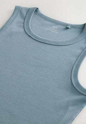 Ribbed tank top in soft blue fabric. Features a round neckline and wide armholes. Smooth texture with minimal stitching details.