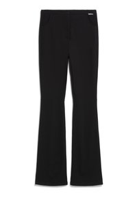 Schwarze ausgestellte Hose aus elastischem Stoff. Verfügt über einen Knopfverschluss, zwei Fronttaschen und eine glatte Textur, geeignet für die Freizeit.