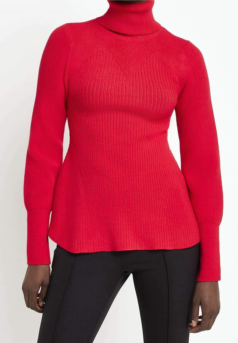 Červený žebrovaný rolák s dlouhými rukávy, který má přiléhavý střih a mírně rozšířený spodní lem. Vyroben z texturované pleteniny.