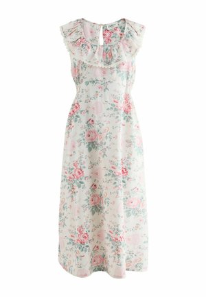 Mouwloze midi-jurk met roze en groene bloemprint, geruchste halslijn met kanten rand en een keyhole knoopsluiting aan de achterkant.