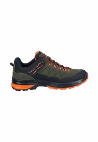 Hiking shoes featuring a dark green and black upper with orange accents, textured rubber sole, and adjustable lacing for a secure fit.