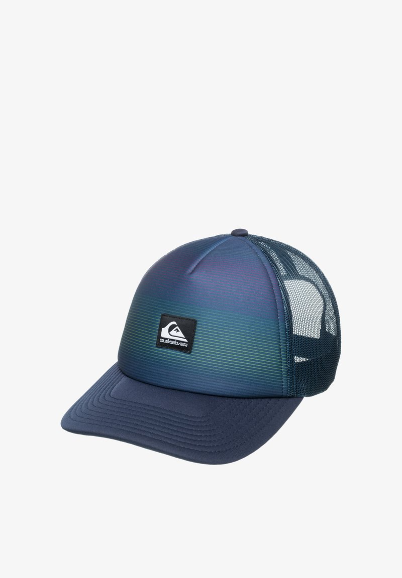 Mesh-back cap featuring a gradient design in blue and green tones, with a solid navy brim and a logo patch at the front.