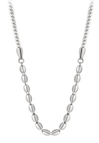 Colier din argint cu un design în lanț, având bile ovale netede și un lanț împletit la fiecare capăt, minimalist și elegant.