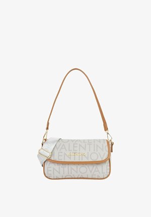 Sac à épaule beige avec ferrures dorées, motif logo "VALENTINO", accents en cuir marron clair et bandoulière réglable. Finition en tissu texturé.