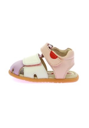 Sandal de cuero ligero con colores pastel: rosa, menta y lavanda. Diseño de punta abierta con correas de Velcro y suela de goma.