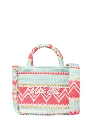 Piccola borsa di tessuto con motivi geometrici rosa, turchese e oro, rifinitura con perline, manici corti e "Marc Ellis" ricamato sul davanti.