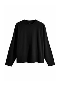 Schwarzer Langarm-Sweatshirt aus einem weichen Material. Hat einen runden Halsausschnitt und einen lockeren Schnitt, mit fallenden Schultern und einem geraden Saum.