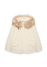 Parka w kolorze kremowym z kapturem obszytym sztucznym futrem. Posiada zamek na przodzie, dwie boczne kieszenie oraz luźny fason z przeszyciami na rękawach.
