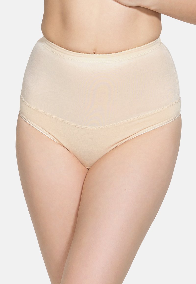 Högmidjade beige shapewear med en mjuk textur och elastisk midja, utformad för att ge stöd och komfort. Sömlös konstruktion.