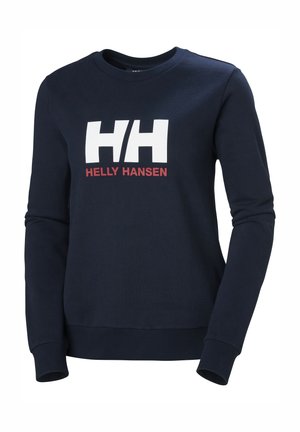 Sudadera de algodón azul marino con cuello redondo, mangas largas y un destacado logo blanco "HH" con texto rojo que dice "HELLY HANSEN."