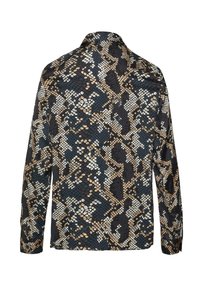 Langarmhemd mit Schlangenprintmuster in Schwarz, Beige und Weiß. Verfügt über einen Kragen und geknöpfte Manschetten. Glatte Textur.