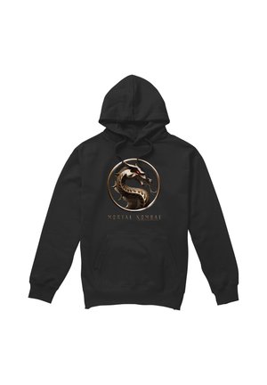 Black hooded sweatshirt with a gold and red dragon emblem and "Mortal Kombat" text on the front, featuring a front pocket and drawstrings.