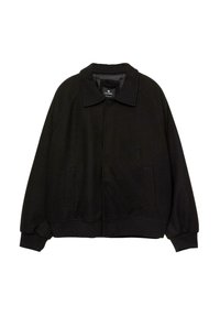 Schwarze leichte Jacke mit Kragen, frontaler Knopfleiste, Seitentaschen sowie gerippten Bündchen und Saum. Glatte Textur und entspannte Passform.