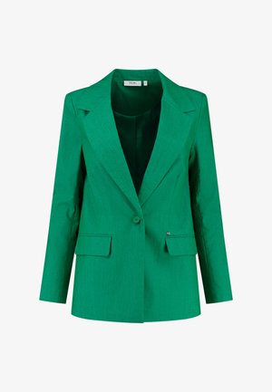 Blazer vert en tissu texturé, avec un col cranté, une fermeture à un bouton et deux poches avant. Coupe ajustée avec des manches longues.
