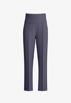 Donkerblauwe broek met hoge taille en rechte pijpen, met een gladde voorkant en brede tailleband, weergegeven op een witte achtergrond.