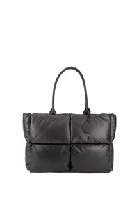 Zwarte puffer tote bag met een doorgestikte ontwerp, een gladde textuur, dubbele handvatten en een ronde logo-tag die is bevestigd. Eenvoudige en functionele vorm.